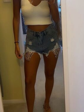 Princess Polly High-Waist Distressed Denim Shorts with Leopard Trim - Blue